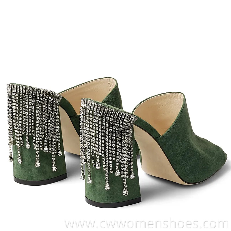 Large Size High Heels Women Silver Block Heel Mules with Crystal Drape